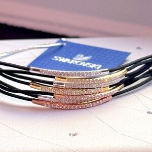 ✨ Edgy Swarovski Black Leather, Crystal Bracelet with Rose Gold Plated Settings